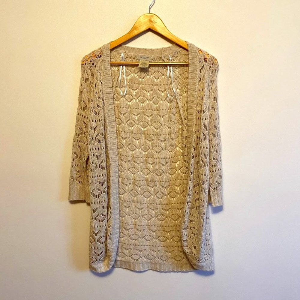 Open Front Crochet Cardigan Beige Tan